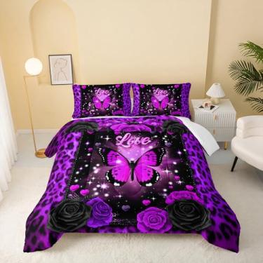 Imagem de QOOMO Conjunto de edredom casal com estampa de leopardo, 3 peças, estampa de borboleta, para adolescentes, meninos e meninas, roxo com 2 fronhas, macio e leve