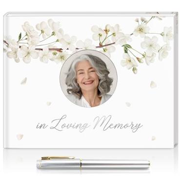 Imagem de TEBSIL Livro de visitas funerário floral in Loving Memory com estampagem dourada, compartimento para fotos, 96 páginas e caneta – 22 x 17 cm, tema branco
