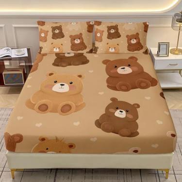 Imagem de AILONEN Jogo de lençol casal com 3 peças de urso de pelúcia fofo para crianças e adolescentes - Jogo de lençol com elástico kawaii marrom - lençol com elástico e 2 fronhas