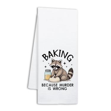 Imagem de NAHMAKNE Toalhas de cozinha engraçadas de guaxinim, assando porque assassinato é errado, panos de prato decorativos de cozinha para padeiros, presentes de panificação humorísticos para mulheres