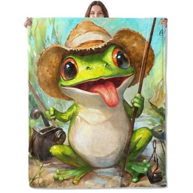Imagem de Lugiu Cobertor de sapo engraçado, leve e confortável, sapos de pesca em chapéu de palha, cobertores para sofá, quarto, cobertor de flanela de viagem de pelúcia macia para adultos e mulheres, decoração