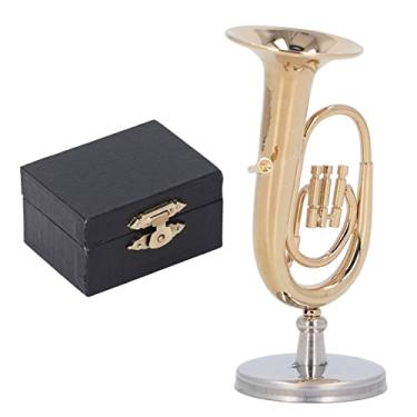 Imagem de Modelo de tuba em miniatura, mini instrumento musical banhado a ouro de latão, presente com base para decoração de mesa de escritório e casa
