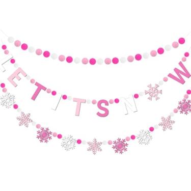 Imagem de Doumeny 3 peças, faixa rosa Let It Snow, guirlanda de feltro de Natal, guirlanda de floco de neve, guirlanda de feltro de feltro para pendurar no feriado, guirlanda de pompom de Natal, faixa de festa
