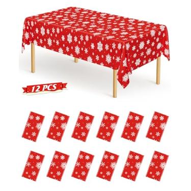 Imagem de QZYL Pacote com 12 toalhas de mesa de Natal, toalha de mesa de plástico de 137 x 274 cm, toalha de mesa descartável de flocos de neve, toalha de mesa retangular de Natal, decorações de mesa de Natal