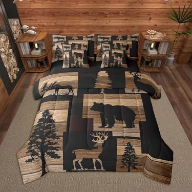 Imagem de Feelyou Jogo de cama king size urso, veado, caça, animais selvagens, para meninos e meninas, cama marrom rústica em uma bolsa, macio, respirável, leve, microfibra para decoração de quarto
