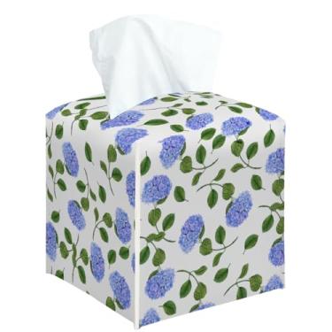 Imagem de Capa quadrada de caixa de lenços de hortênsia azul, suporte de caixa de lenços decorativo floral para quarto, banheiro, cozinha, escritório, bancada, organizador de papel facial de couro -21