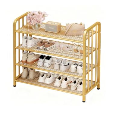 Imagem de SPXMQSS Sapateiras independentes, suporte de metal de 3/4/5 andares, prateleiras ajustáveis, organizador de armazenamento de sapatos, armário aberto para entrada, corredor, dourado, 4 níveis 80 x 28 x