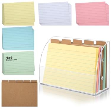 Imagem de Affrolling Suporte de cartão de índice de acrílico com 100 peças de notas adesivas coloridas, 5 peças divisórias kraft, estojo organizador de índices transparentes para escritório, negócios, mesa