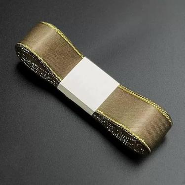 Imagem de Fita de cetim com bordas douradas de 5,46 metros para embrulho de tecido de 2,7 cm para buquê de casamento, laços florais, artesanato, festa, decoração de casa, cáqui escuro