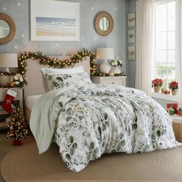 Imagem de Regency Heights Conjunto de edredom botânico leve, tamanho solteiro, design reversível com estampa listrada, conjunto de cama de microfibra premium, edredom e fronha, verde