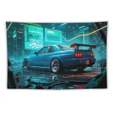Imagem de HouLaiZhe Tapeçaria de carro azul Jdm Car R32 Ruínas digitais legal para pendurar na parede quarto decoração de casa tapeçarias estética piquenique decoração de parede arte de parede para dormitório