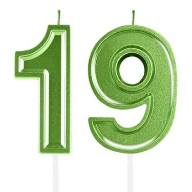 Imagem de Velas de aniversário de 19 anos, numerais verdes, decoração de topo de bolo, meninas, meninos, tema de aniversário, festa de casamento, aniversário de casamento, suprimentos para celebração