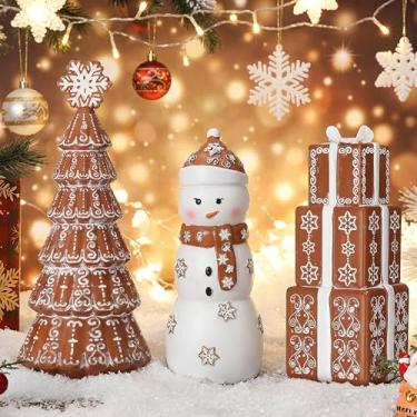 Imagem de Kathfly Conjunto de 3 peças de estatuetas de pão de gengibre de Natal de resina, árvore de gengibre, boneco de neve, mesa de centro de mesa colecionável para casa, Natal, feriado, lareira, prateleira