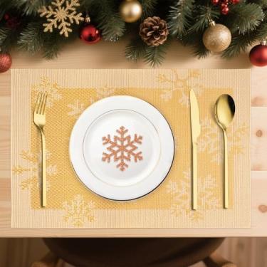Imagem de Jogo Americano de Natal 6 Peças, 30cm x 45cm Retangular, Antiderrapante, Resistente ao Calor, Lavável, Fácil de Limpar, Alta Durabilidade, PVC Mesa Posta Sousplat, Ouro