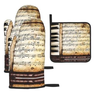 Imagem de Notas musicais de violino para piano – Conjunto de cozinha essencial com 3 peças, luvas resistentes ao calor e aderência da tampa, proteção para churrasco no forno, design de armazenamento suspenso.