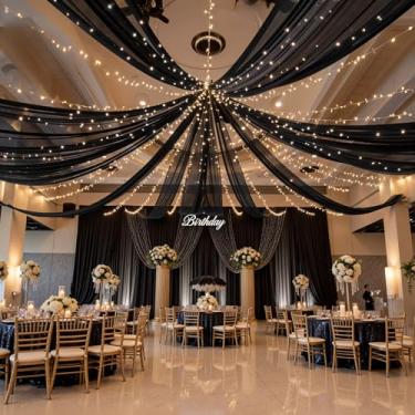 Imagem de FrohFest 6 painéis de cortinas de teto pretas com luzes para casamentos, 1,5 m x 3 m, tecido de tule sem rugas, arco de casamento, drapeado, cortinas de teto, decorações para festa de casamento