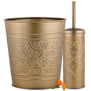 Imagem de Autumn Alley Conjunto de acessórios de banheiro Farmhouse Gold – Inclui lixeira dourada para banheiro e escova de vaso sanitário com suporte, lixeira moderna feita à mão e escova de vaso sanitário em