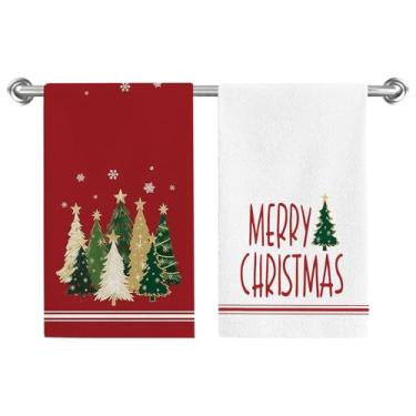 Imagem de Conjunto de 2 toalhas de prato com estrela de Natal Merry Christmas, toalha de mão vermelha para árvore de Natal 45,7 x 66 cm, panos de prato sazonais de inverno para cozinha, banheiro, decoração de