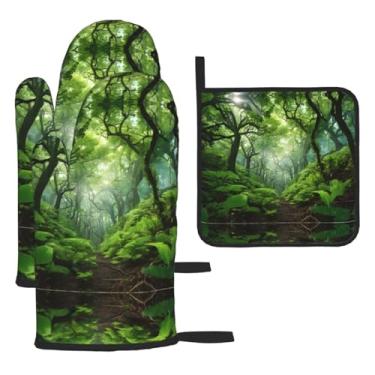 Imagem de Floresta tropical – Conjunto de cozinha essencial com 3 peças, luvas resistentes ao calor e aderência da tampa, proteção para churrasco no forno, design de armazenamento suspenso.