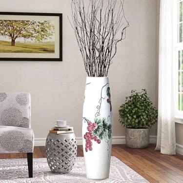 Imagem de POPGRAT Vaso alto branco para chão de 81 cm, vasos rústicos de cerâmica grossa grandes para decoração de casa, sala de estar, pintura de uva geen, vasos decorativos de boca larga, vaso de canto para