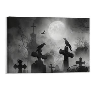 Imagem de HouLaiZhe Pôster de Halloween Lápide Lua Corvo Impressão de Arte de Parede Decorações de Halloween Decoração de Parede Estética Gótica para Sala de Estar Quarto 11 x 17 polegadas (28 x 43 cm)