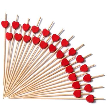 Imagem de PuTwo Palitos de Dente para Coquetéis, 100 Unidades, Palitos de Coquetel, Feitos à Mão de Bambu Natural, Espetos para Coquetéis, Aperitivos, Frutas Sobremesa - Corações Vermelhos