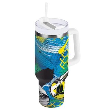 Imagem de Kigai Copo de futebol colorido de 850 g com tampa e canudo, copo isolado de aço inoxidável durável à prova de vazamento com alça, garrafas de água à prova de derramamento para viagens