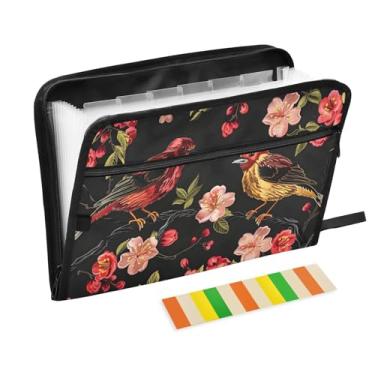 Imagem de CEBUGI Pasta expansível de 13 bolsos, impermeável, sanfonada, organizador de arquivos com etiquetas tamanho A4, organizador de documentos de papel para escola, material de escritório, pássaro, flor