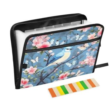 Imagem de Wassud Pássaro azul na árvore rosa, 13 bolsos, organizador de arquivos sanfonados, pastas de arquivos expansíveis com abas e adesivos, organizador de pastas de documentos de recibo de papel tamanho