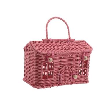 Imagem de TOYANDONA Cesta de Piquenique Trançada de Páscoa Com Tampa, Cesta de Flores Em Imitação de Rattan, Organizador Em Formato de Casa Com Alça para Lembrancinhas de Casamento, Viagens, Piqueniques E