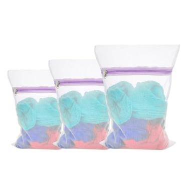 Imagem de Sacos para Lavar Roupas com Zíper, Malha Branca com Detalhes Roxos, 3 Unidades em Tamanhos Variados