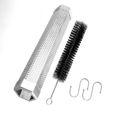 Imagem de Tubo de fumaça de aço inoxidável de 30,5 cm para defumador de pellets premium – Gerador de fumo frio e quente com escova e gancho em S, funciona com grelhas a pellet, gás e carvão, fumaça