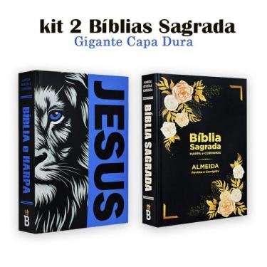 Imagem de Kit 2 Bíblia Sagrada Grande Com Harpa - Capa Dura Flores Rosé e Jesus 