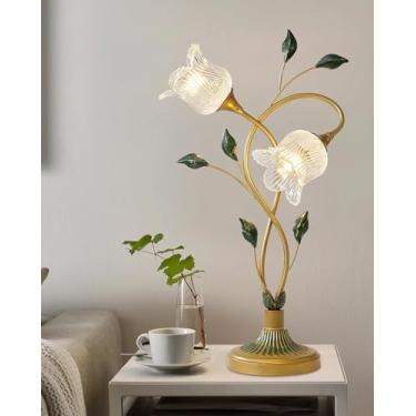 Imagem de Abajur de mesa para restaurante com cúpula de vidro transparente em formato de flor, estilo nórdico, verde retrô, ideal para decoração de casa de campo, quarto, sala de estar ou mesa de trab