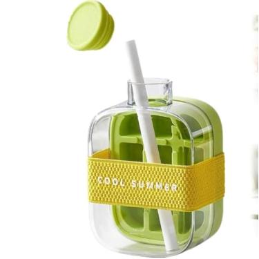 Imagem de Copo de gelo e água em um, bandeja de gelo sem toque, garrafa de água com canudo, fácil de pressionar para liberar a bandeja vertical de cubos de gelo com tampa (verde, L-800 ml)