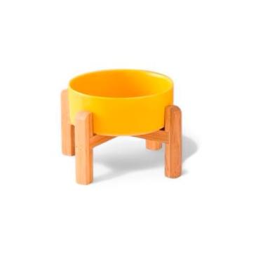Imagem de Comedouro Elevado de Cerâmica para Gatos e Cães – Tigela Unitária com Suporte em Bambu(Amarelo,850ml)