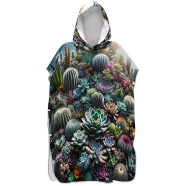 Imagem de Joisal Poncho de surfe de cacto de suculentas vibrantes para mudança de roupão de praia com capuz toalha floral de secagem rápida, poncho masculino e feminino com capuz