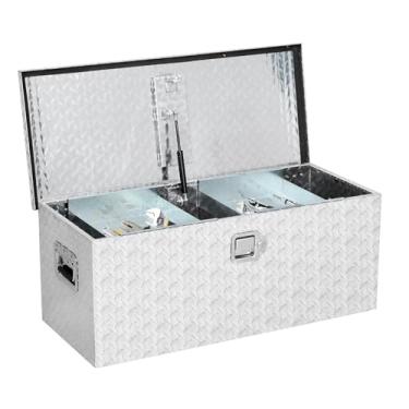 Imagem de PrecisionAuto Caixa de ferramentas de alumínio para caminhonete, resistente, à prova d'água e bloqueável, armazenamento seguro para picapes, trailers e reboques com tampa de suporte a gás e alças