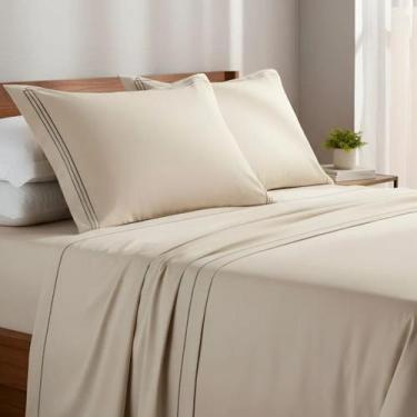 Imagem de Jogo De Lençol Queen Alícia 400 Fios Algodão Bordado Luxo Cor:CAQUI - 