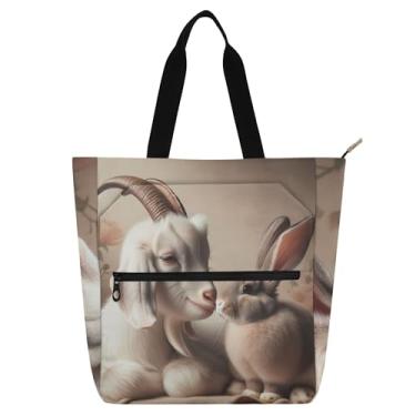 Imagem de GAIGEO Bolsa divertida de cabra coelhinho amor animais para crianças mulheres amantes de livros escola zíper lona ombro bolsa de trabalho