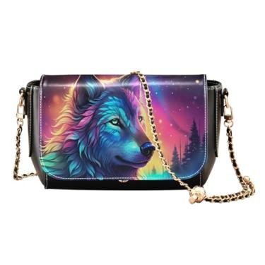 Imagem de Bolsas transversais de tomate vermelho e verde para mulheres, média, bolsa de couro com zíper, bolsas transversais femininas de couro, Lobo colorido com estrelas e árvores - 2, One Size