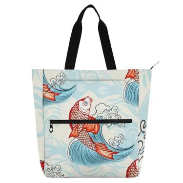 Imagem de GAIGEO Lindas bolsas de trabalho japonesas com peixe, azul, para mulheres, lona, escola, bolsa, tecido, presente, para amantes de livros