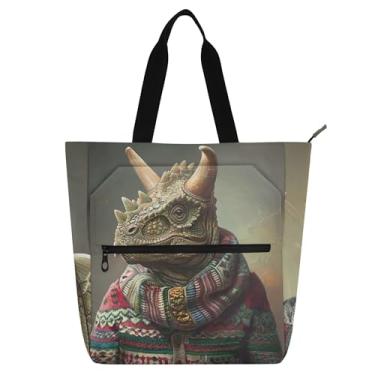 Imagem de GAIGEO Sacola engraçada de dinossauro vestida para mulheres, trabalho, lona, zíper, bolsa de praia, professores, amantes de livros