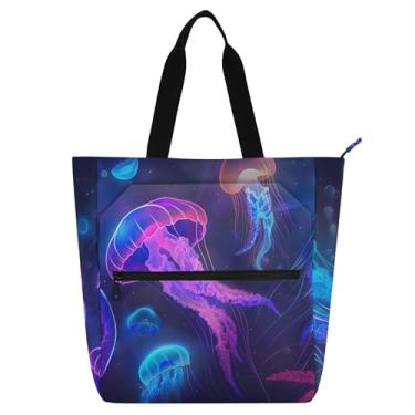 Imagem de Sacola feminina com estampa neon de água-viva brilhante, para trabalho, praia, livros, zíper, bolsas para professores, presente para amantes de livros
