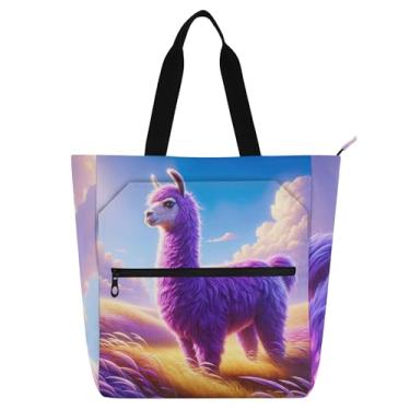 Imagem de GAIGEO Bolsa de trabalho fantástica de lhama roxa para mulheres, bolsa de lona com zíper, bolsa de praia, presente infantil para amantes de livros