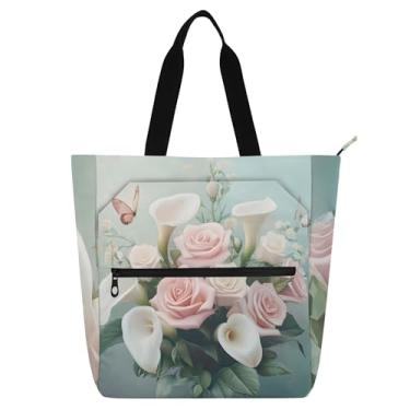 Imagem de GAIGEO Buquê pastel rosa flores bolsas de trabalho para mulheres tote lona praia livro bolsa zíper bonito bolsas infantis com compartimentos