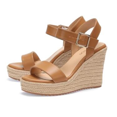 Imagem de Sandálias femininas de verão plataforma sandálias anabela tira no tornozelo sandálias de bico aberto salto alto, Caqui, 8.5
