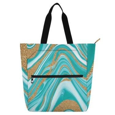 Imagem de GAIGEO Sacola feminina abstrata mármore azul aqua para trabalho lona com zíper bolsa de praia infantil presente fofo para amantes de livros