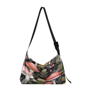 Imagem de Bolsa tiracolo de couro grande azul cosmos floral com folhas, bolsa transversal de couro masculina, bolsa de couro com zíper, Cogumelos e plantas em preto-4, One Size