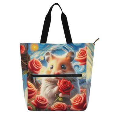 Imagem de GAIGEO Bolsa feminina de tecido de lona com flor de hamster, noite estrelada, para professores, presente para amantes de livros